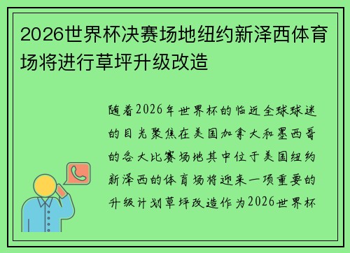 2026世界杯决赛场地纽约新泽西体育场将进行草坪升级改造 2026世界杯决赛场地纽约新泽西体育场将进行草坪升级改造
